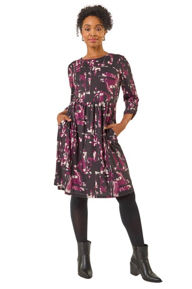 Roman Plum Petite Abstract Gathered Stretch Dress