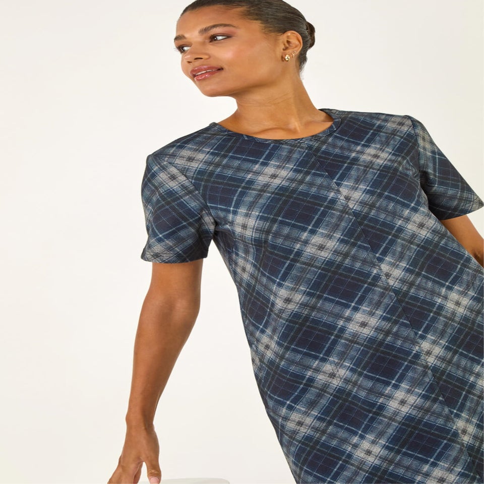 Roman Blue Check Print T-Shirt Stretch Dress