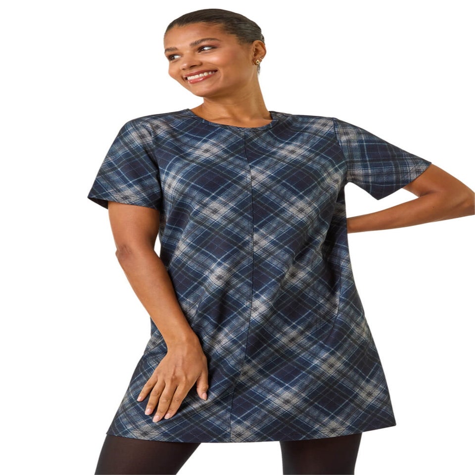 Roman Blue Check Print T-Shirt Stretch Dress