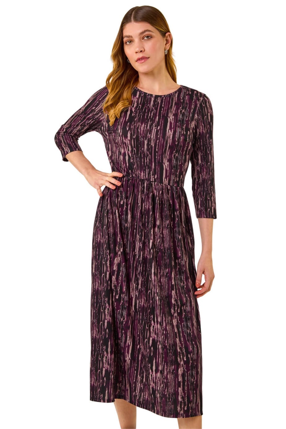 Roman Plum Abstract Print Stretch Midi Dress