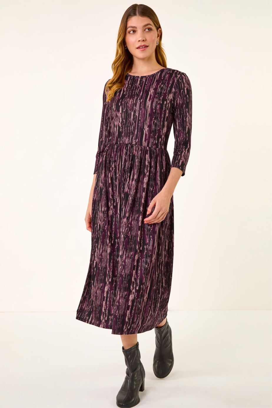 Roman Plum Abstract Print Stretch Midi Dress