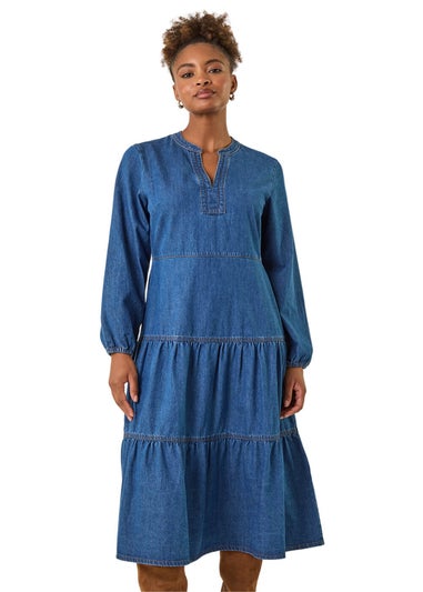 Roman Denim Cotton Denim Tiered Midi Dress