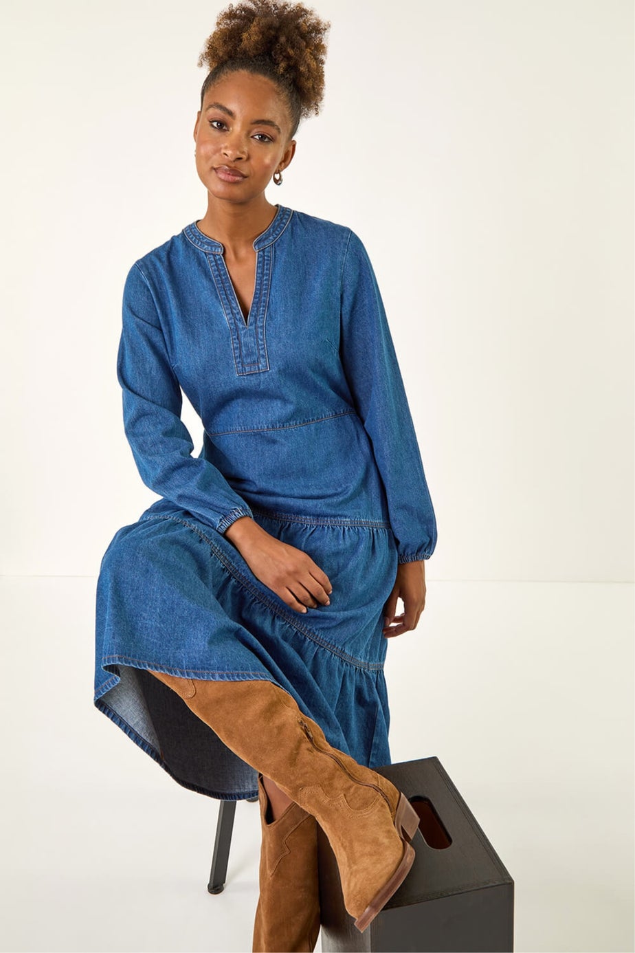 Roman Denim Cotton Denim Tiered Midi Dress