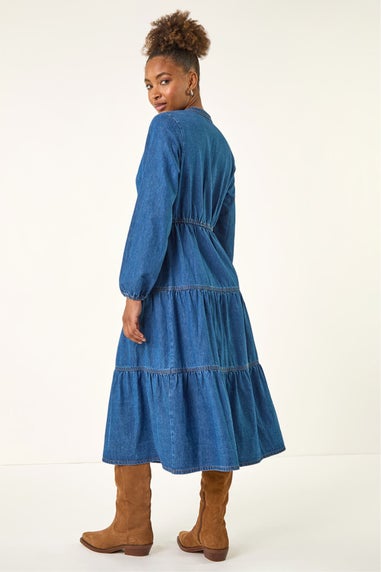 Roman Denim Cotton Denim Tiered Midi Dress