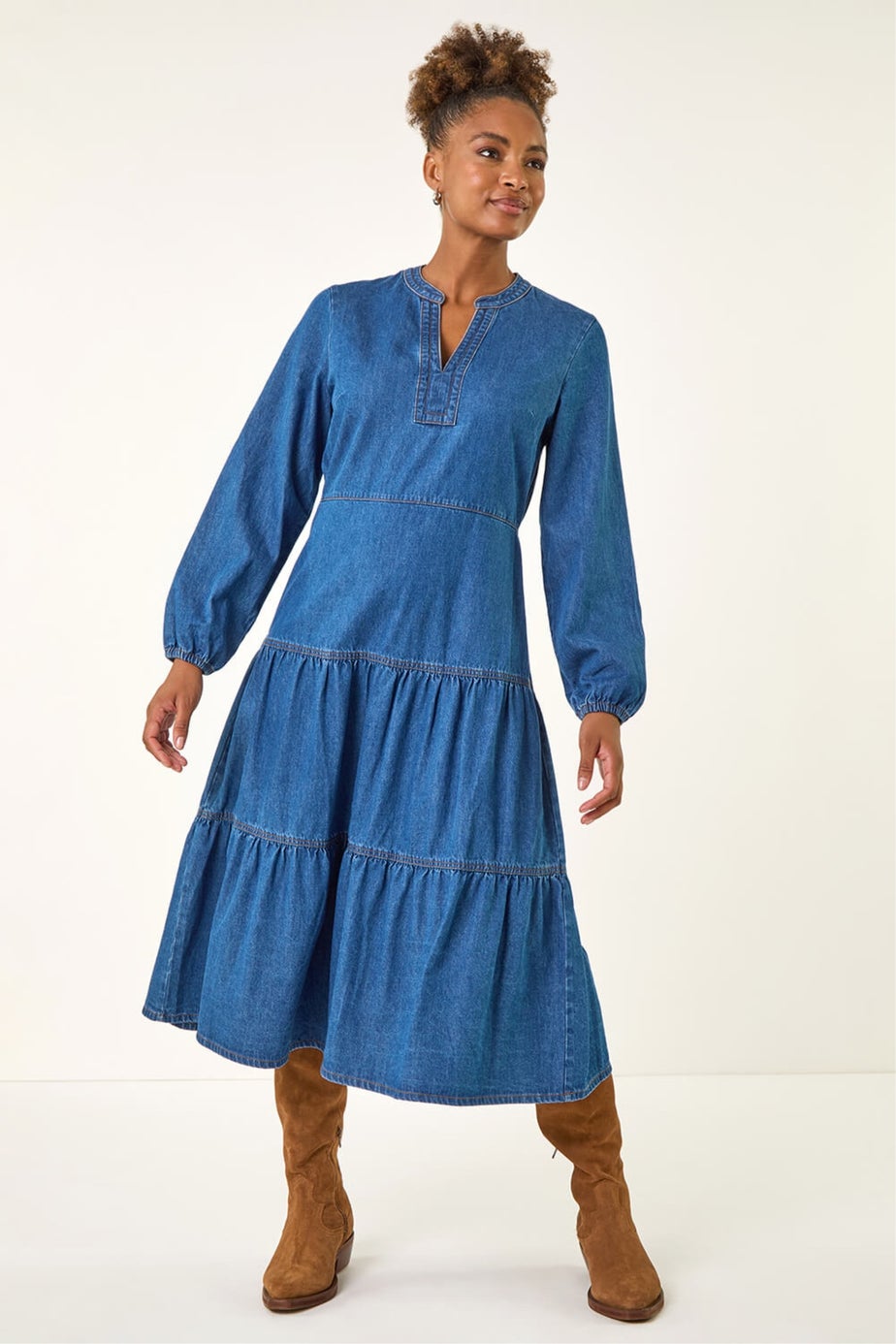 Roman Denim Cotton Denim Tiered Midi Dress