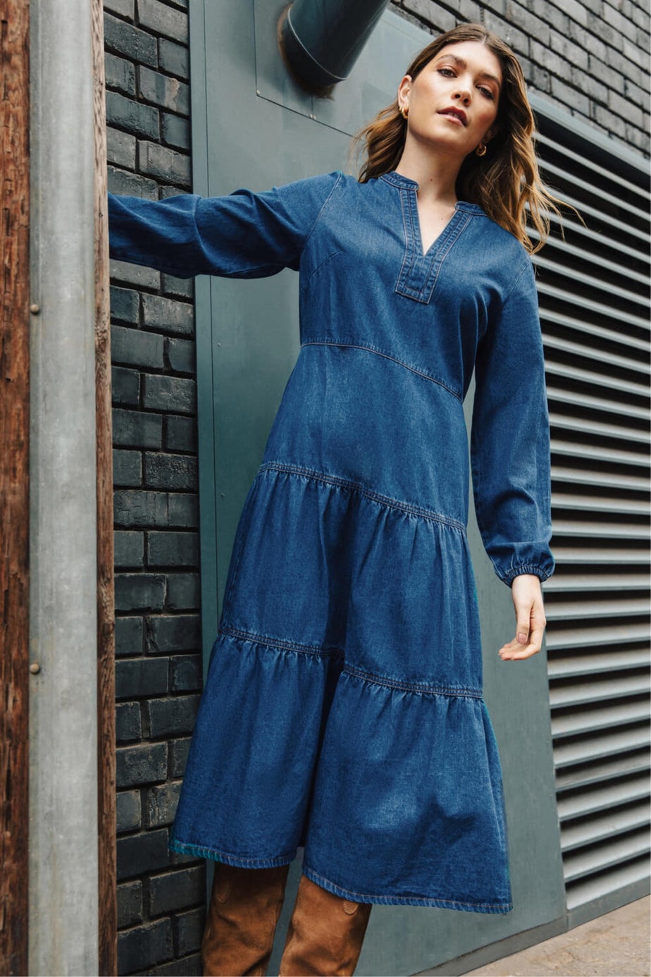 Roman Denim Cotton Denim Tiered Midi Dress