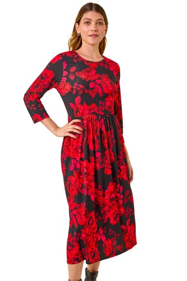 Roman Red Rose Print Gathered Stretch Midi Dress