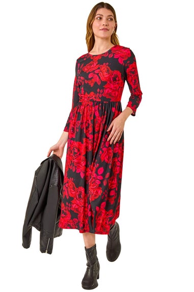 Roman Red Rose Print Gathered Stretch Midi Dress