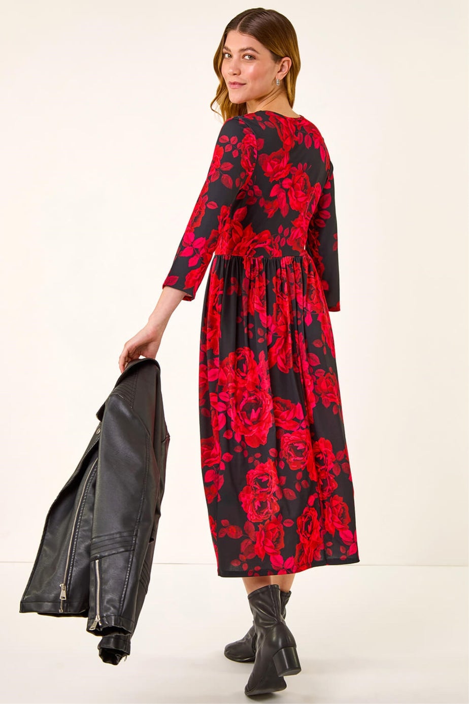Roman Red Rose Print Gathered Stretch Midi Dress
