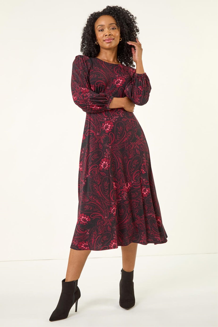 Roman Wine Petite Abstract Print Midi Stretch Dress
