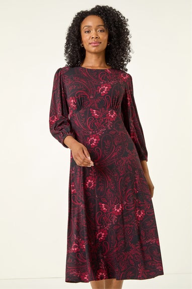 Roman Wine Petite Abstract Print Midi Stretch Dress