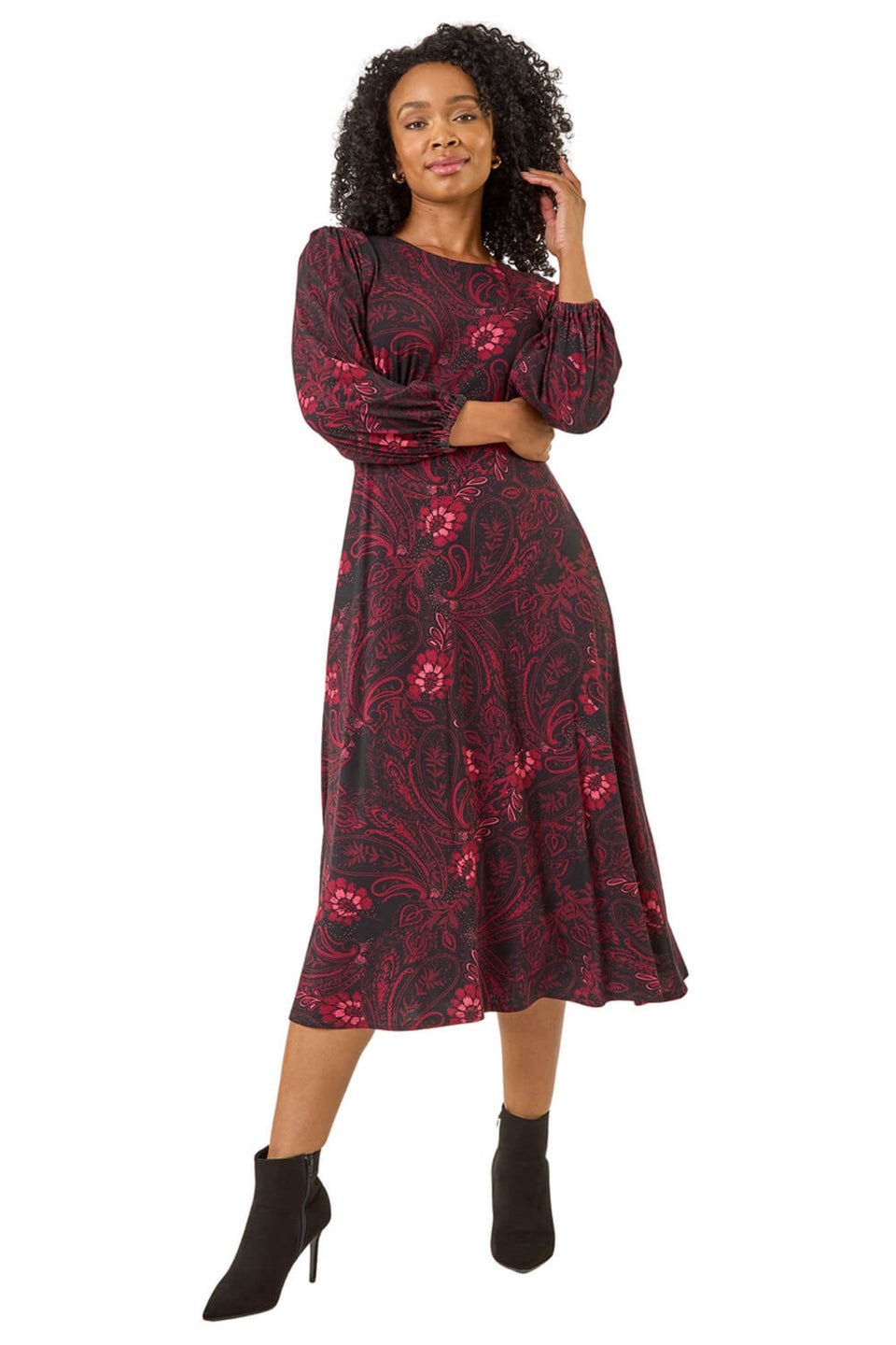 Roman Wine Petite Abstract Print Midi Stretch Dress