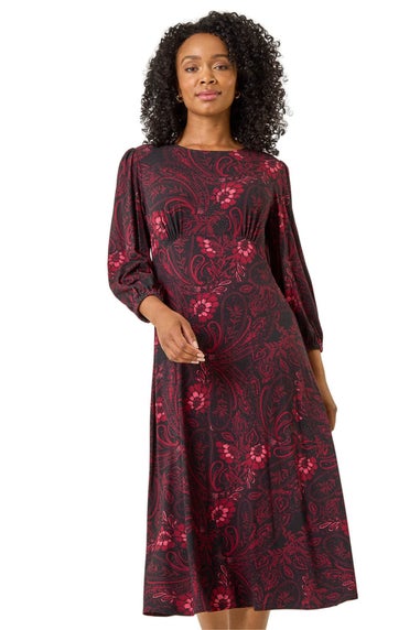 Roman Wine Petite Abstract Print Midi Stretch Dress