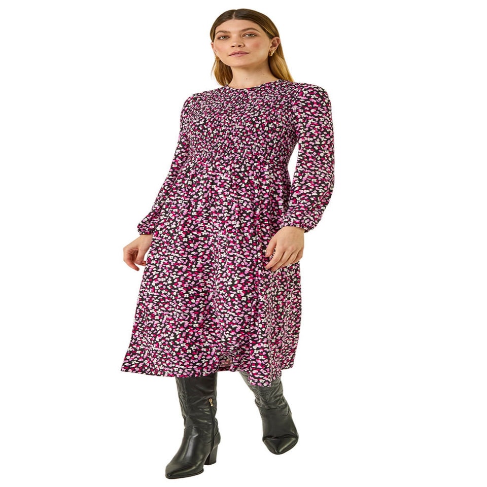 Roman Pink Ditsy Floral Shirred Midi Dress