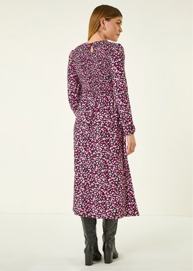 Roman Pink Ditsy Floral Shirred Midi Dress