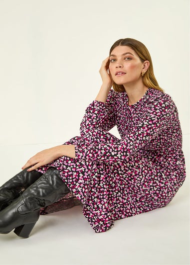 Roman Pink Ditsy Floral Shirred Midi Dress