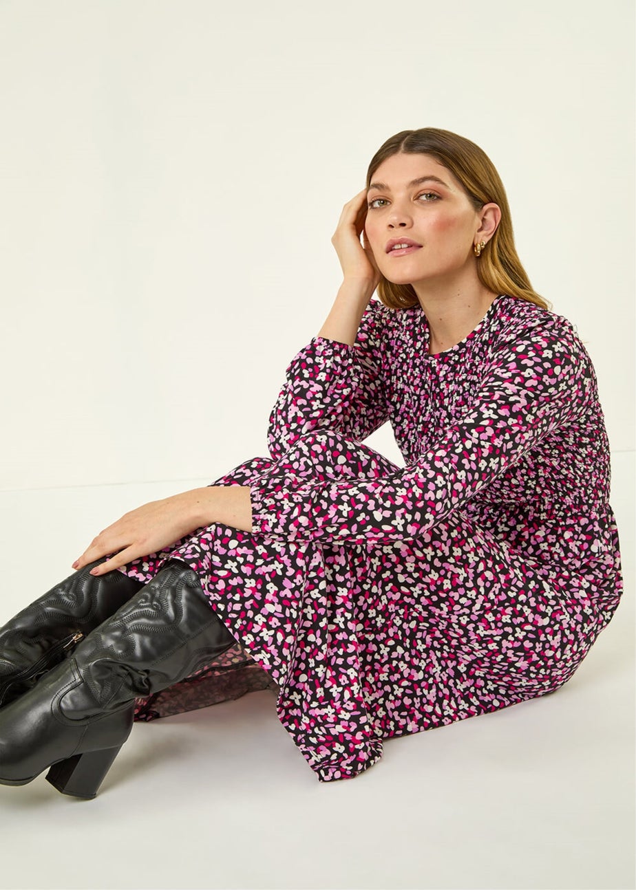 Roman Pink Ditsy Floral Shirred Midi Dress