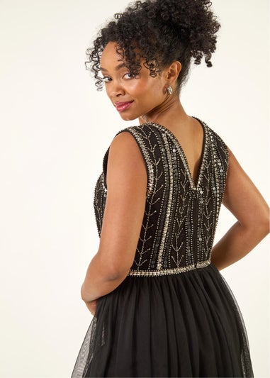 Roman Black Petite Embroidered Mesh Dress