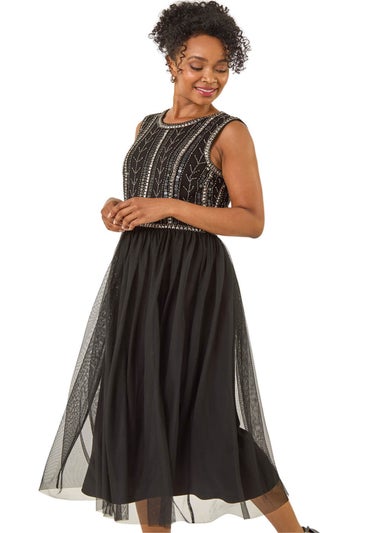 Roman Black Petite Embroidered Mesh Dress