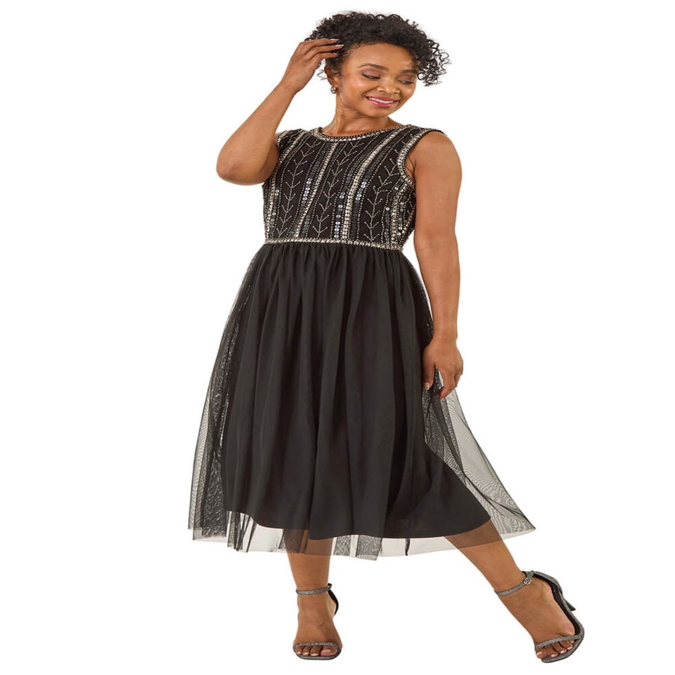 Roman Black Petite Embroidered Mesh Dress