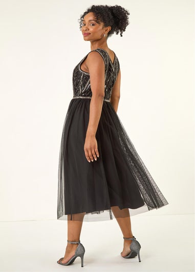 Roman Black Petite Embroidered Mesh Dress