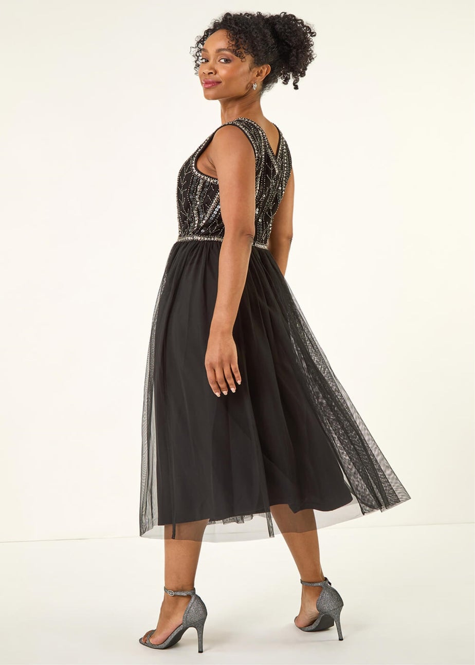 Roman Black Petite Embroidered Mesh Dress