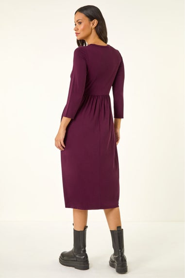 Dusk Wine Gathered Pocket Stretch Midi Dress