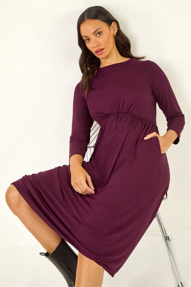 Dusk Wine Gathered Pocket Stretch Midi Dress