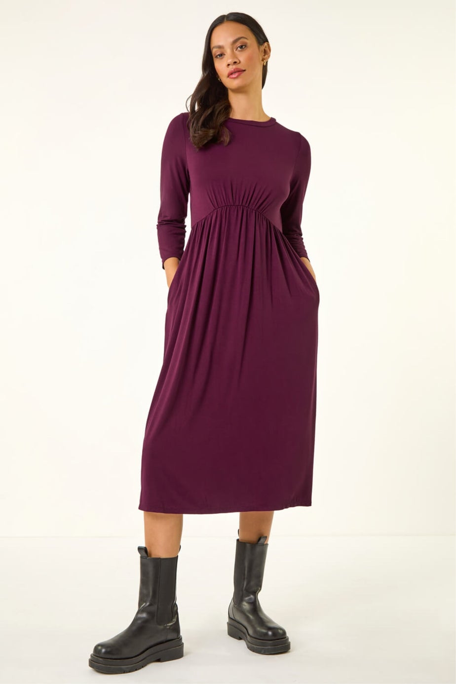 Dusk Wine Gathered Pocket Stretch Midi Dress