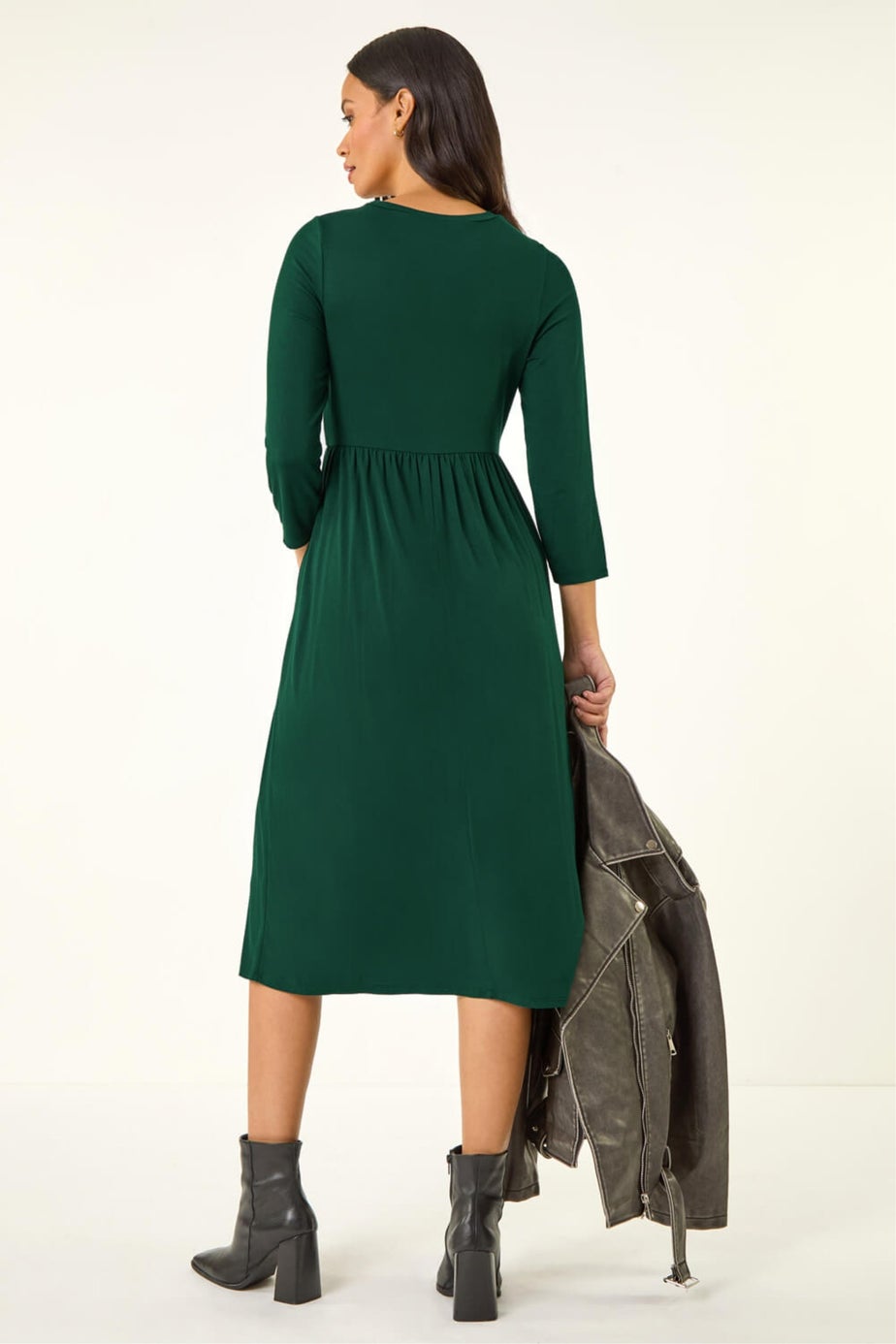 Dusk Teal Gathered Pocket Stretch Midi Dress