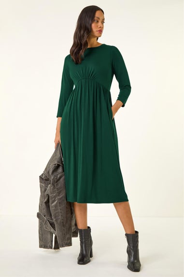 Dusk Teal Gathered Pocket Stretch Midi Dress