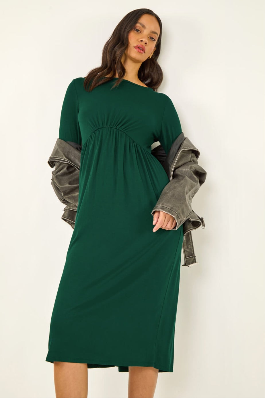 Dusk Teal Gathered Pocket Stretch Midi Dress