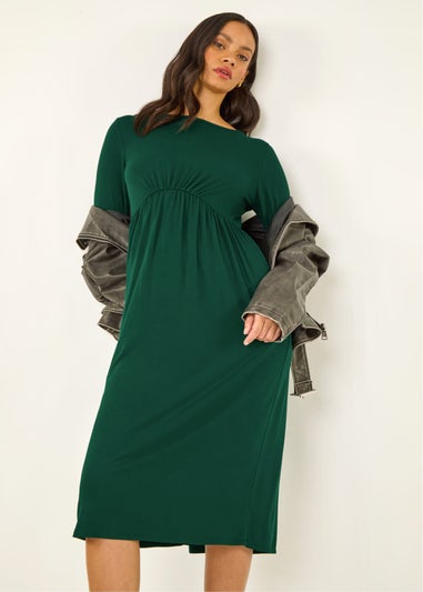 Dusk Teal Gathered Pocket Stretch Midi Dress