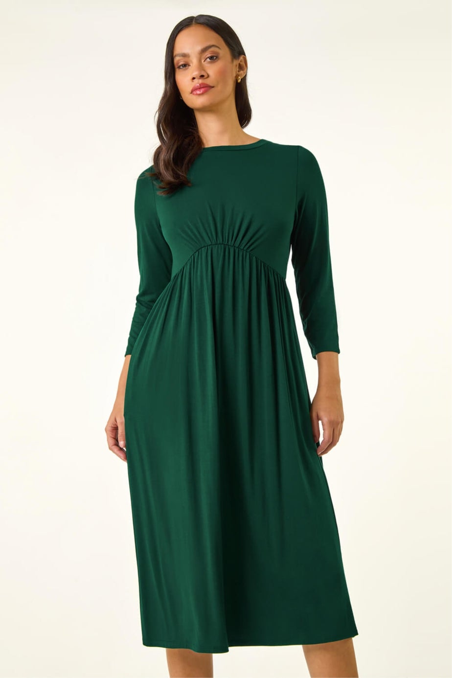 Dusk Teal Gathered Pocket Stretch Midi Dress