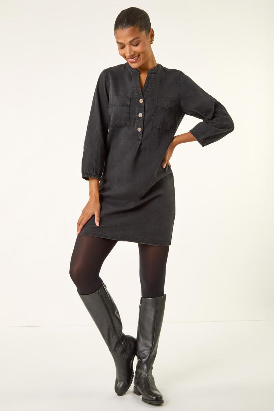Roman Black Cotton Denim Button Shift Dress