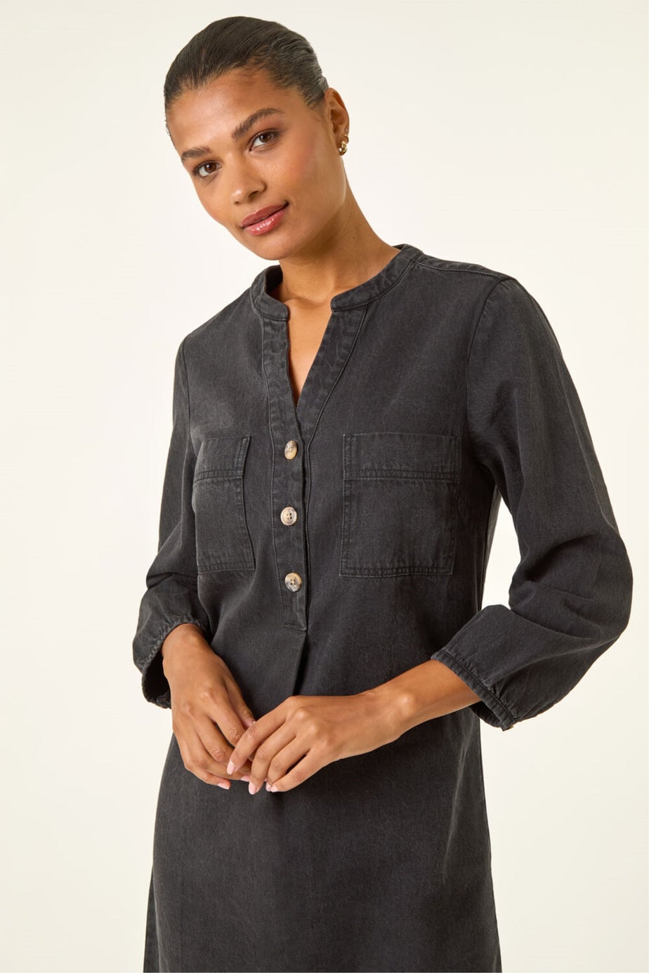Roman Black Cotton Denim Button Shift Dress