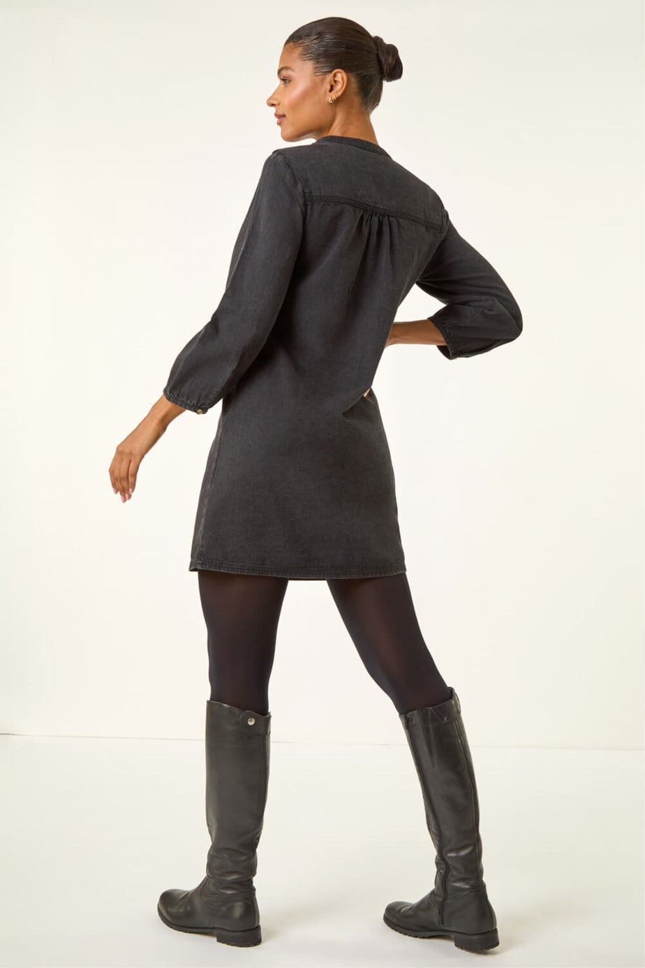 Roman Black Cotton Denim Button Shift Dress