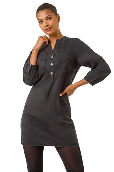 Roman Black Cotton Denim Button Shift Dress