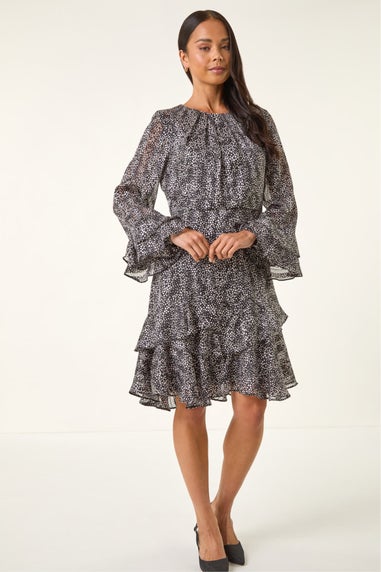 Roman Black Petite Abstract Print Frill Dress