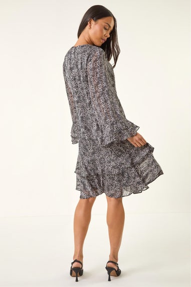 Roman Black Petite Abstract Print Frill Dress