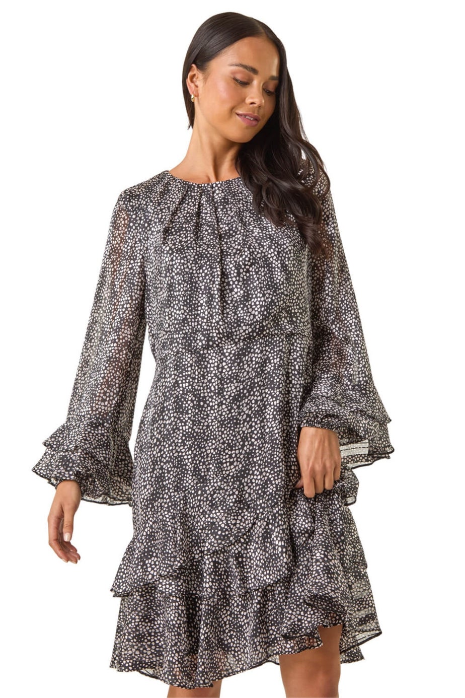 Roman Black Petite Abstract Print Frill Dress