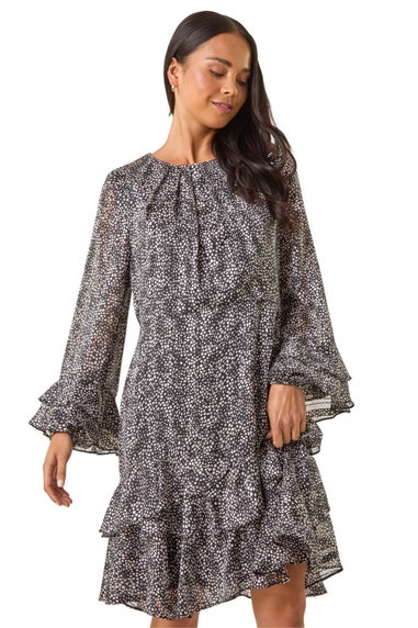 Roman Black Petite Abstract Print Frill Dress
