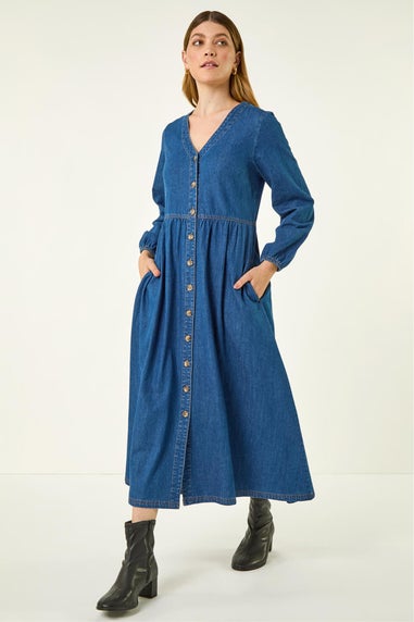 Roman Blue Denim Button Through Midi Dress