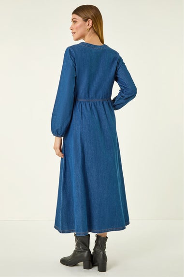 Roman Blue Denim Button Through Midi Dress