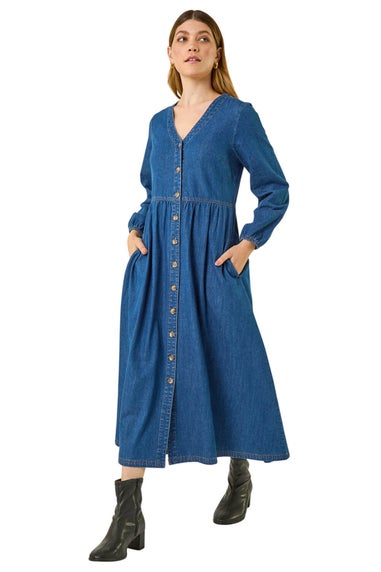 Roman Blue Denim Button Through Midi Dress
