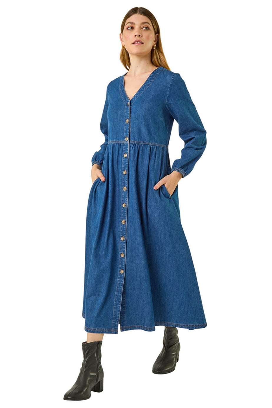 Roman Blue Denim Button Through Midi Dress
