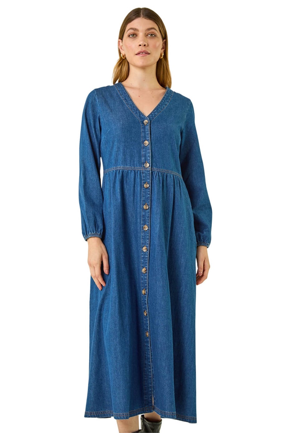 Roman Blue Denim Button Through Midi Dress