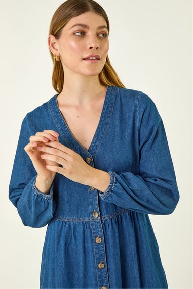 Roman Blue Denim Button Through Midi Dress