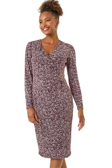 Roman Burgundy Leaf Print Chain Detail Midi Dress