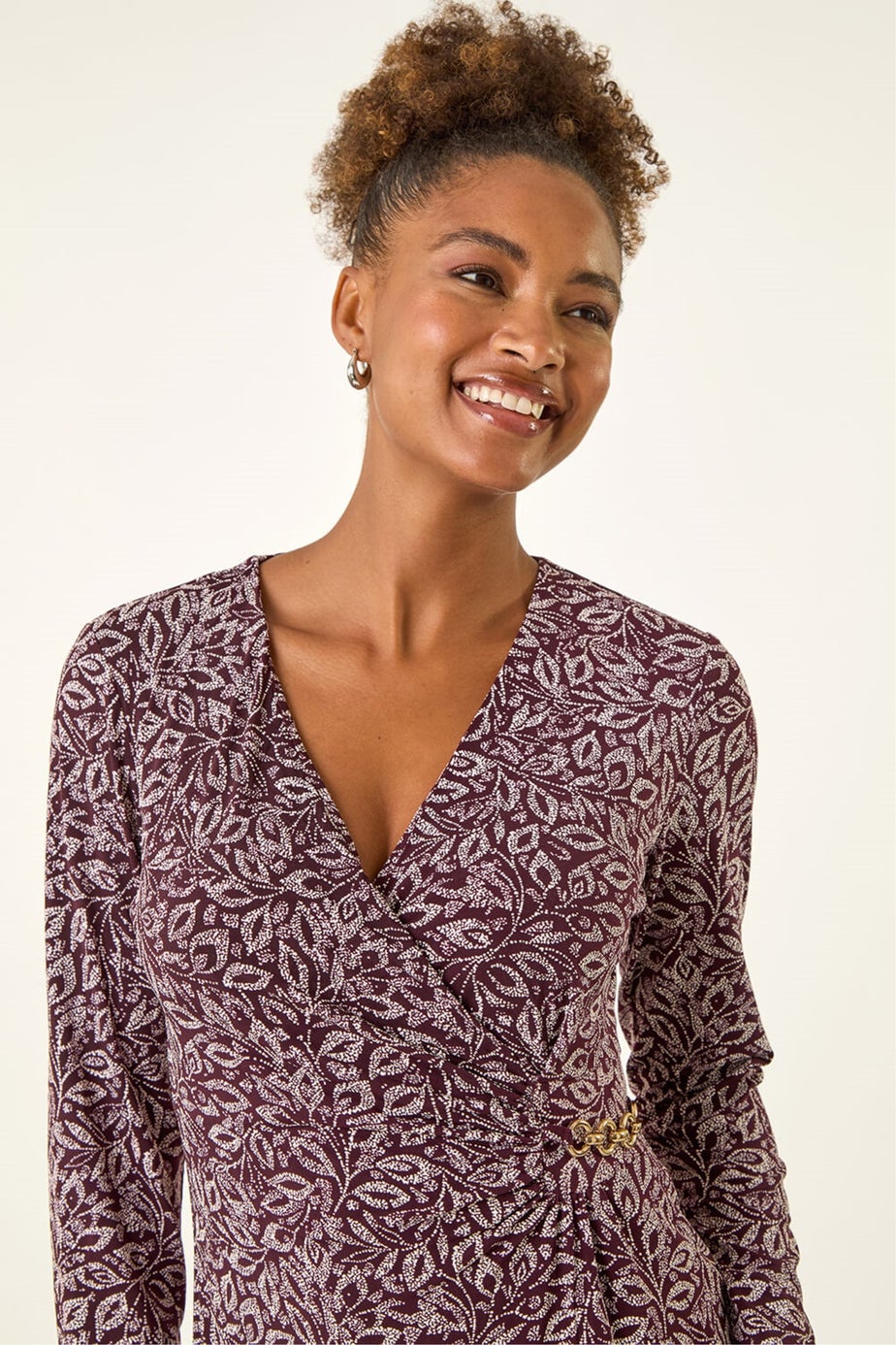Roman Burgundy Leaf Print Chain Detail Midi Dress